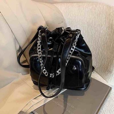 Retro řetízkové kabelky pro ženy kožený zipový provázek přes jedno rameno ležérní na dojíždění černá crossbody kabelka