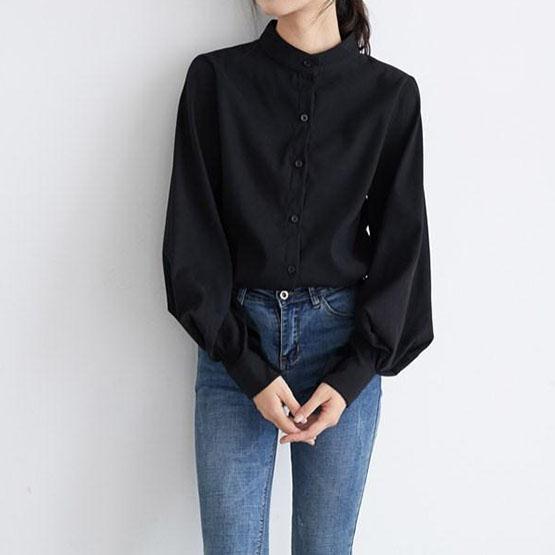 Women's Spring Summer Large Size Vintage Blouse Ladies Autumn Solid Color Long Sleeve Loose Stand Collar Shirts