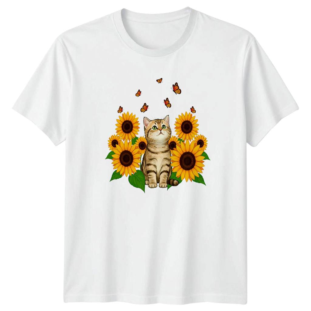 Kitten Sunflower Butterfly Unisexs TShirt Nature Cat Birthday Gift For Her