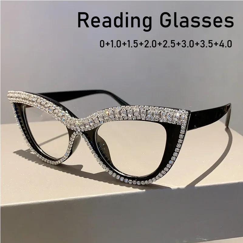 Luxury Diamond Cat Eye Reading Glasses for Women Oversized Blue Light Blocking Prebyopia Eyewear Finished Far Sighted Eyeglasses