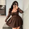 Plus Size Womens Lace Splice A-Line Long Sleeve Dress Vacation