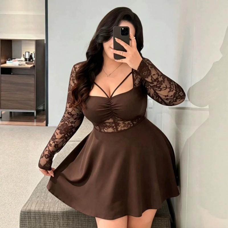 Plus Size Womens Lace Splice A-Line Long Sleeve Dress Vacation