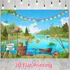 2D flat-print banners: 1 set of banners, a fishing backdrop, and a photography background cloth with a pond and lake the