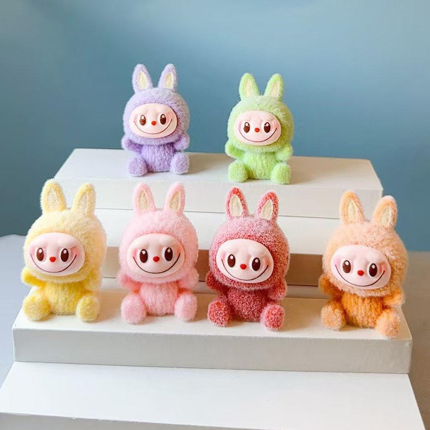 New Style Macaron Flocking LABUBU Plush Toys DIY Cartoon Cute Mini Doll Desktop Ornament Holiday Gifts