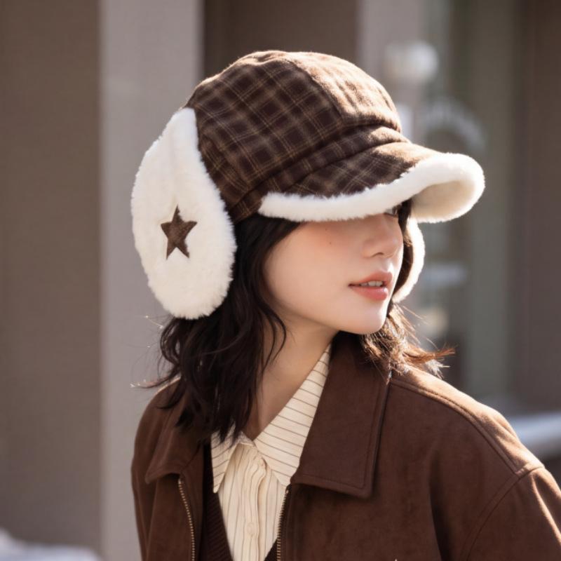 Winter Thick Earmuff Peaked Cap Korean Vintage Plush Warm Short Brim Cap