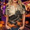 Women's Halloween Print Button Down Short Sleeve Cotton Linen Shirt with Chest Pocket
