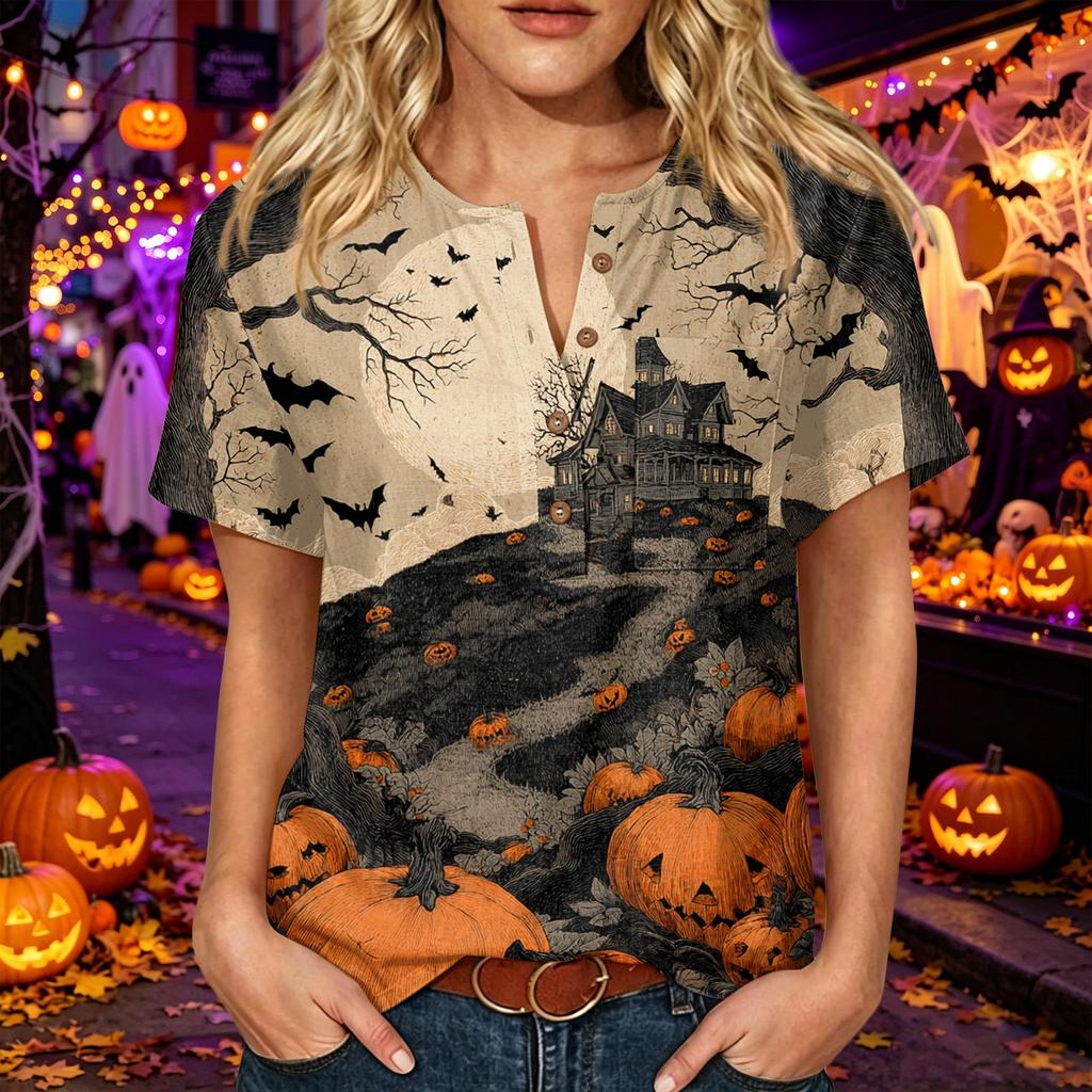 Women's Halloween Print Button Down Short Sleeve Cotton Linen Shirt with Chest Pocket