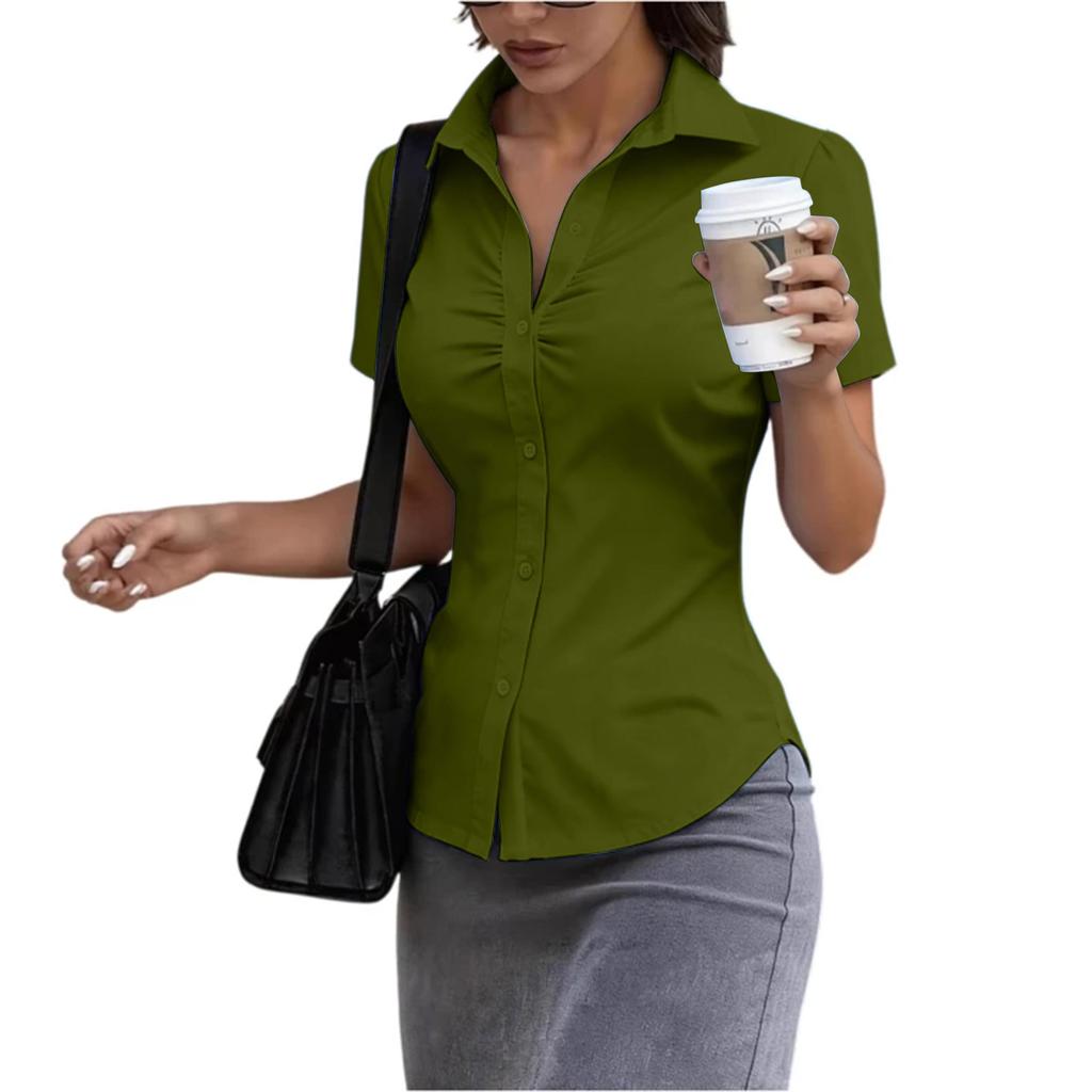 Women's Short Sleeve Button Down Shirt Slim Fit Collared Blouse Office Workwear Casual Top with Ruched Front Design