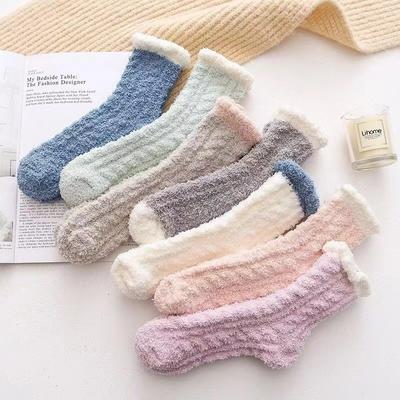 Women's Autumn and Winter Striped Coral Fleece Sleep Socks Thickened Warm Mid-Calf Home Socks Simple Floor Socks