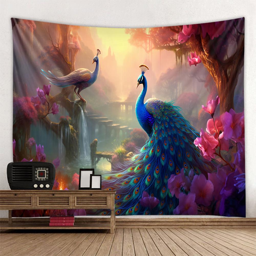 Landscape Oil Painting Tapestry Forest, Peacock, Castle, Dreamy Wall Hanging Cloth, Starry Sky Sunrise, Home Art Decoration