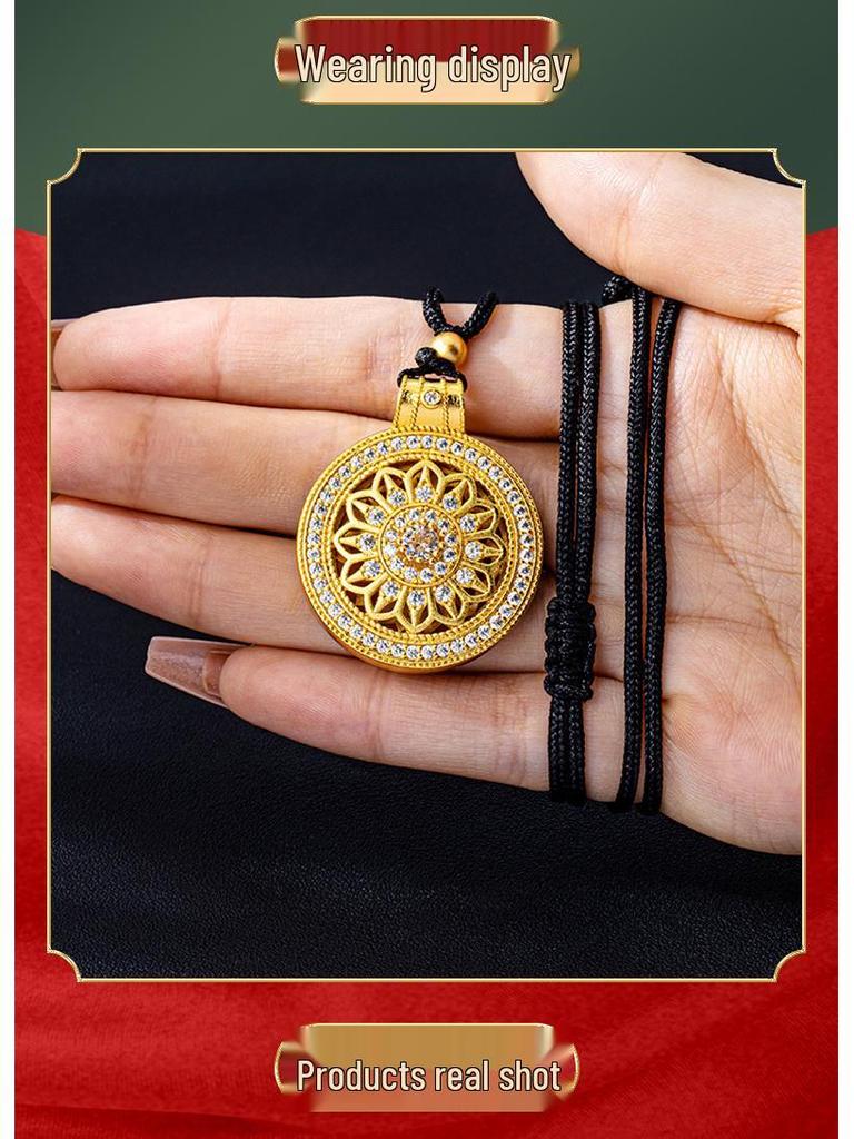 Vietnam Sand Gold Eight Treasures Compass Pendant Necklace - Trendy Court Style with Diamond-Set Hollow Flower Design for Women