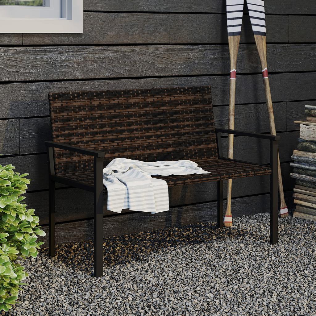 2 Seater Rattan Garden Bench, Outdoor Bench with Quick-Drying Cotton Padding, Wicker Garden Loveseat with Armrests, Steel Frame for Patio, Park