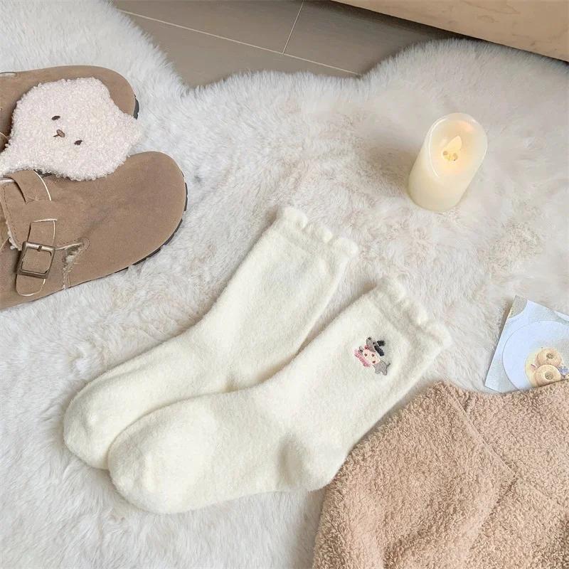 1/4pairs Autumn Winter Plush  Dog Socks Cartoon Dog Pattern Middle Tube Socks Soft Thermal Warm Thicken Cozy Sleep Floor Socks One Size