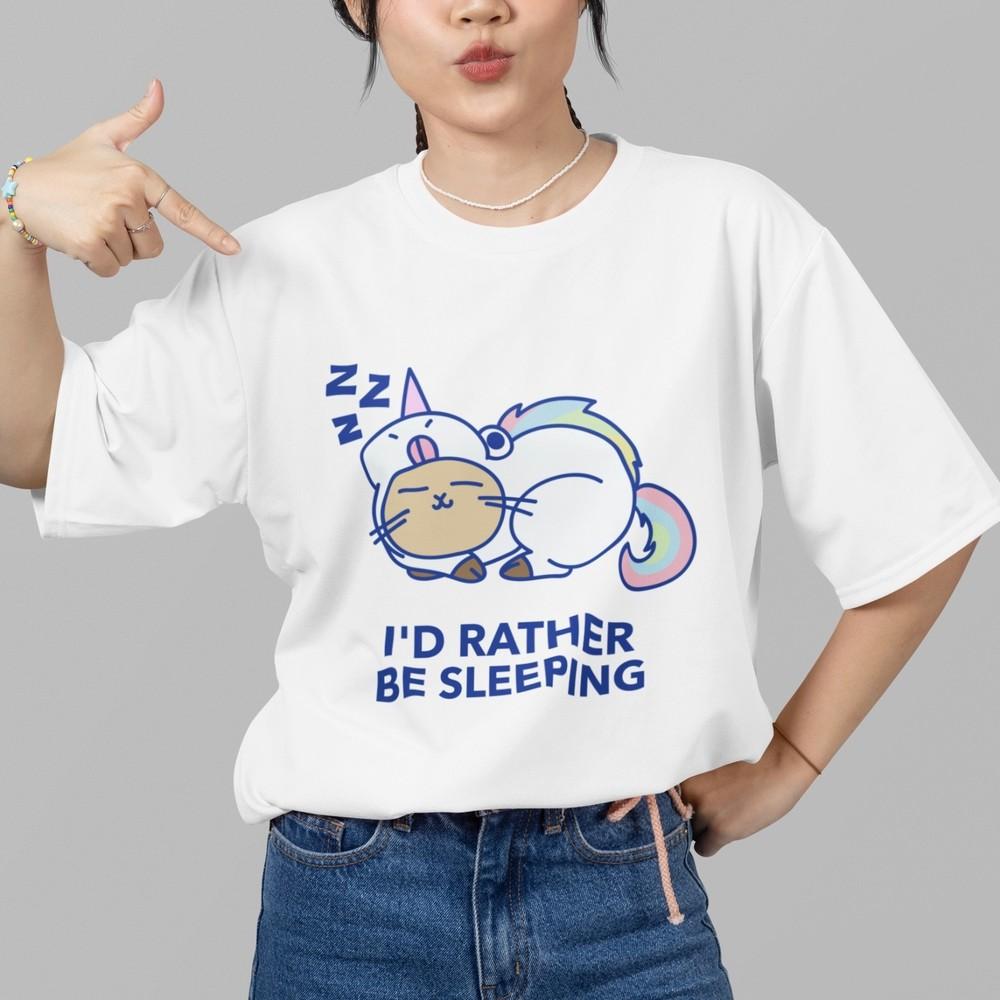 I  'd Rather Be Sleeping T-Shirt Cute Cat Unicorn Graphic Tee Funny Lazy Gift Top