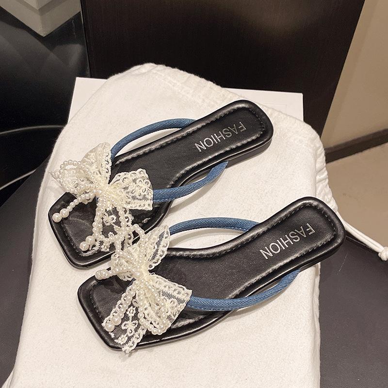 2025 summer new sweet transparent slippers women's outerwear bow open-toe hollow crystal fashion flip-flops