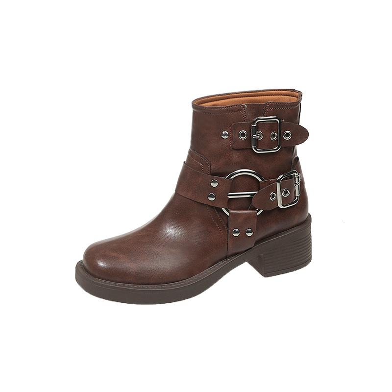 Fashion Vintage Woman Western Cowgirl Boot Fashion Belt Buckle Short Booties Autumn Winter Thick Heel Girl Shoes