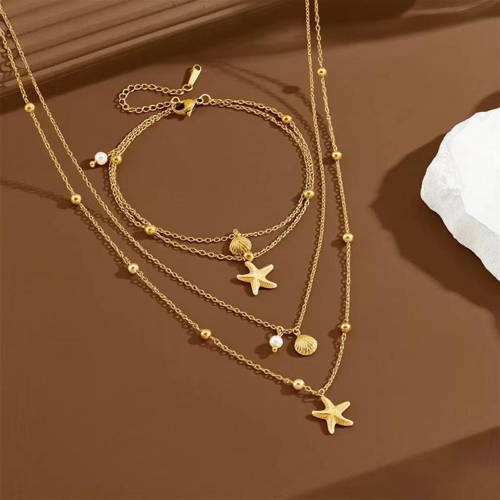 Ocean Necklace Anklet Set Natural Shell Starfish Pearl Jewelry Fashion Accessories Gift Box