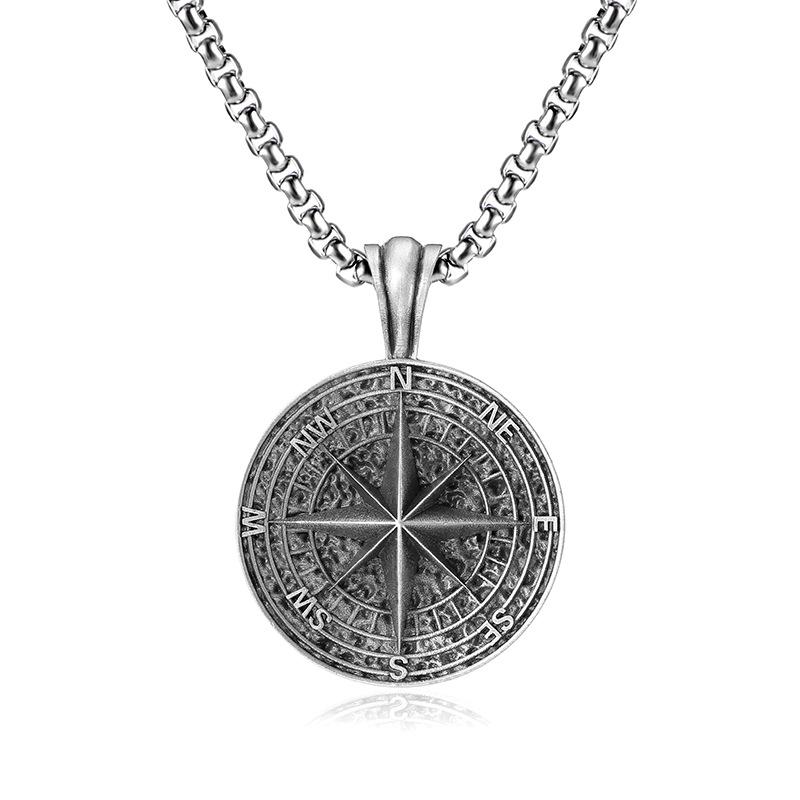European and American Men's Retro Necklace Titanium Steel Compass Pendant Stainless Steel Punk Jewelry Hip Hop Accessories