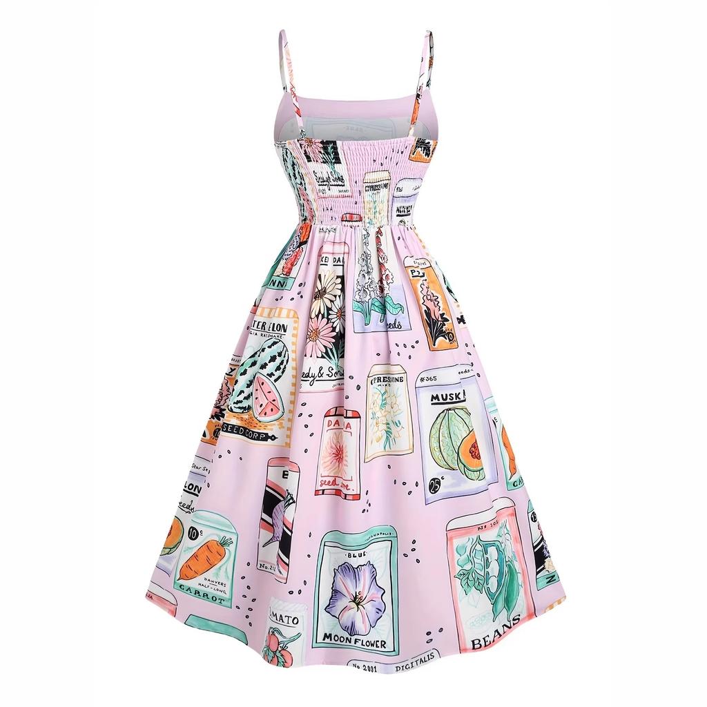 Retro seed print vacation suspender skirt, light pink background color with colorful plant pattern vacation suspender skirt