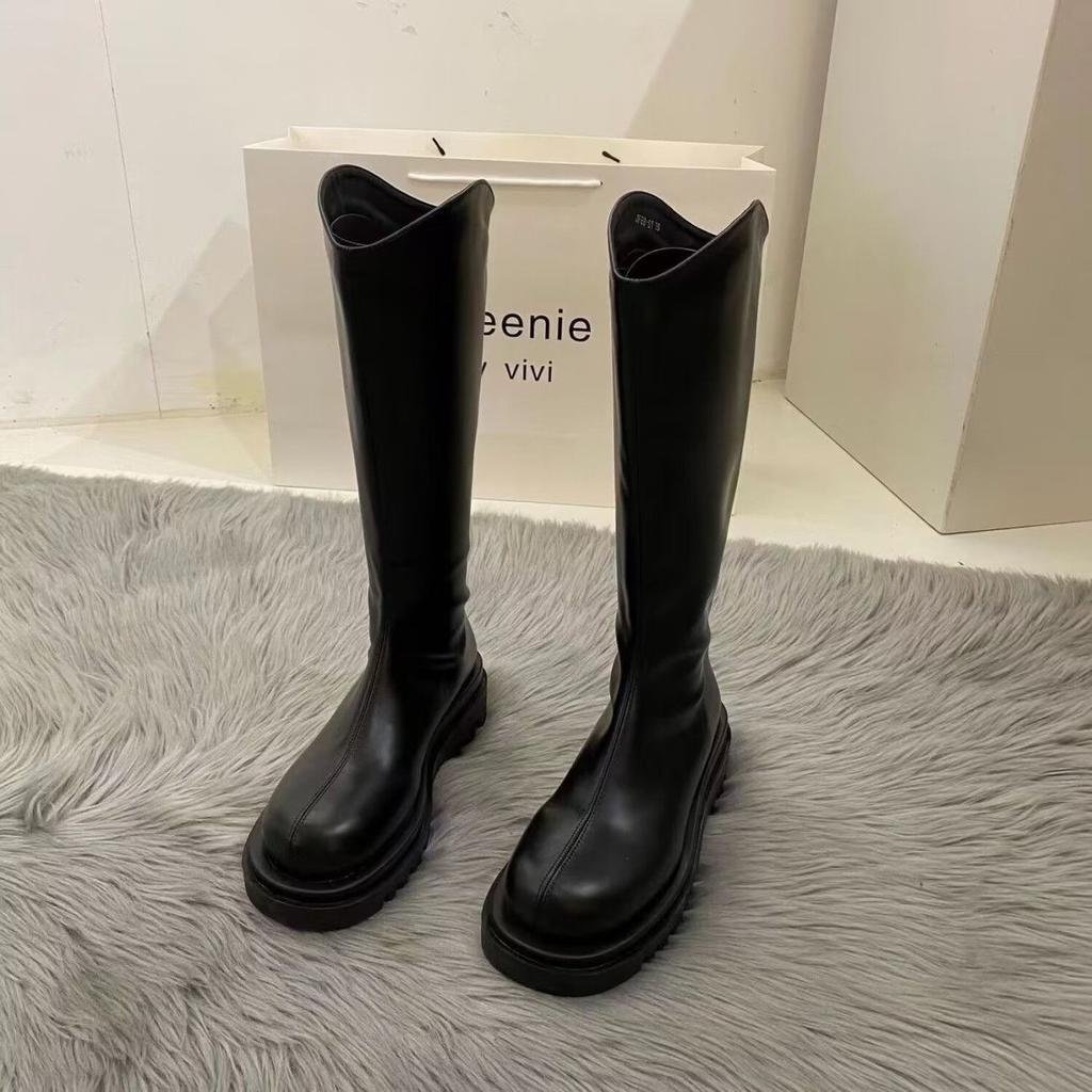 Wear women's long knight boots for casual outings, autumn and winter explosive boots, V-mouth thick bottom heightened round head