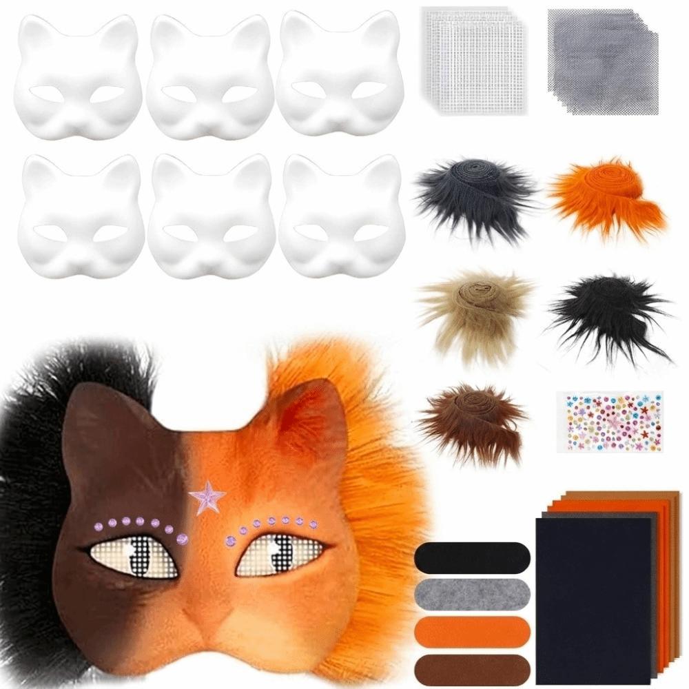DIY Kit Blank Cat Mask Making Kit Paper Mache Fabric Straps Animal Half Face Mask Mesh Stickers Plush Faux Fur