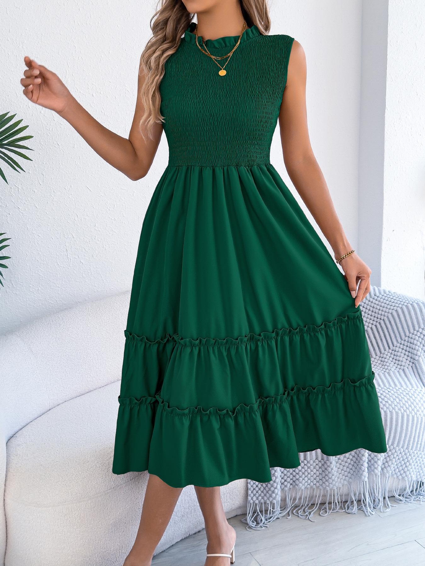 women s Solid Color Smocked Ruffle Trim Sleeveless High Waist A Line Tiered Midi Dress S