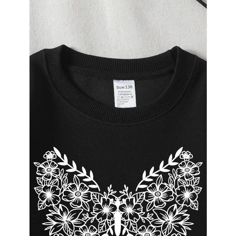 European sizes Girls Crew Neck Sweatshirt Floral Butterfly Pattern Design, Soft Cozy Pullover, Warm Casual for Autumn Winter.