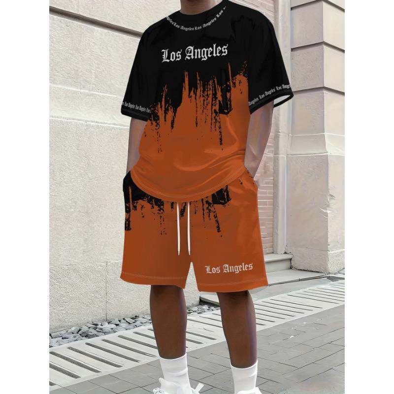 Men'S Short-Sleeve Round Neck Casual T-Shirt And Drawstring Waist Shorts Set, Perfect for Vacation Beachwear, Comfortable Outfit