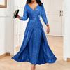 Women's V Neck Three Quarter Sleeve A Line Dress Straight Fit High Waist Glitter Sequin Double Slit Maxi Party Evening Gown