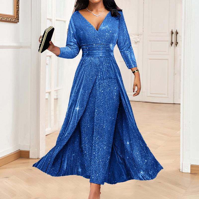 Women's V Neck Three Quarter Sleeve A Line Dress Straight Fit High Waist Glitter Sequin Double Slit Maxi Party Evening Gown