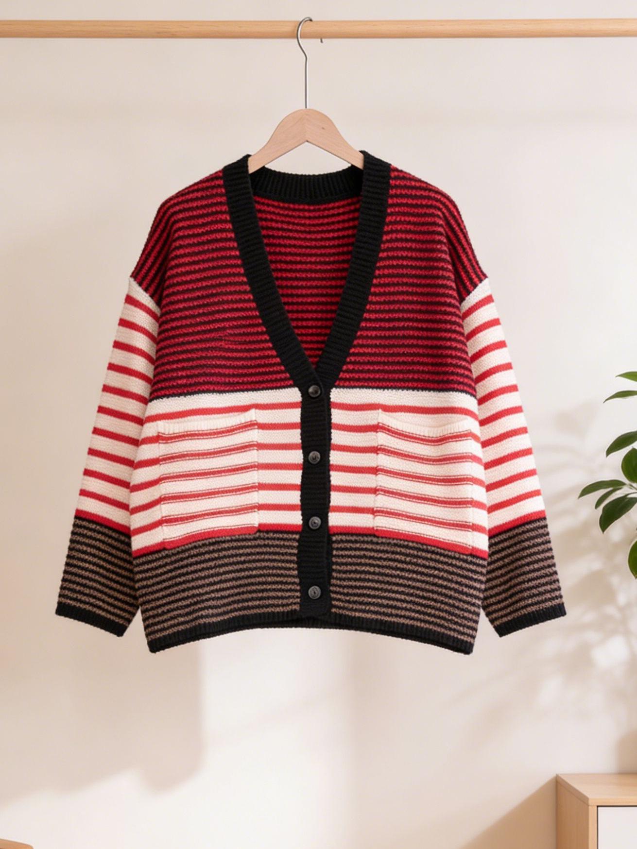 

2026 Retro Angora Red Striped Women s Loose Knit Cardigan Sweater 3X Large красный
