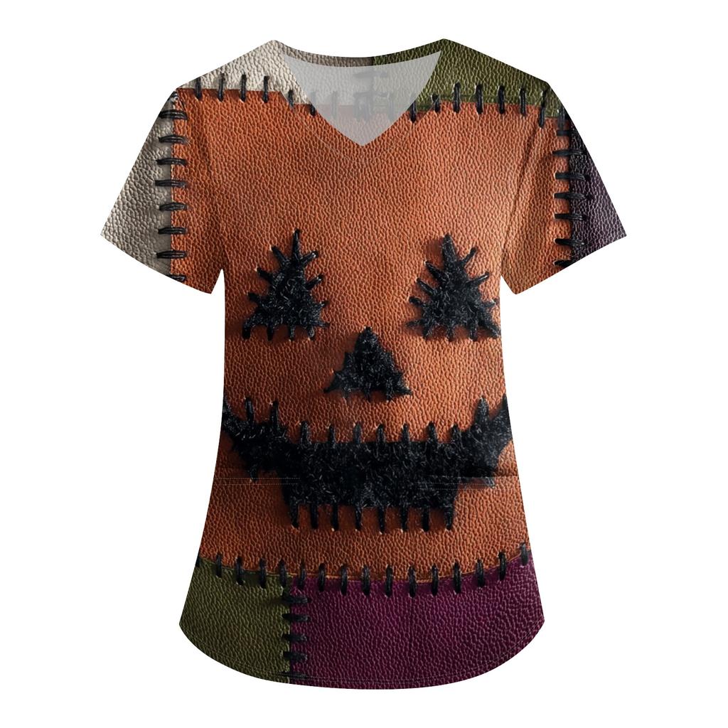 Women Halloween Print Loose Fit V Neck Short Sleeve Top with Pocket Comfortable Fabric for Work or Casual Wear