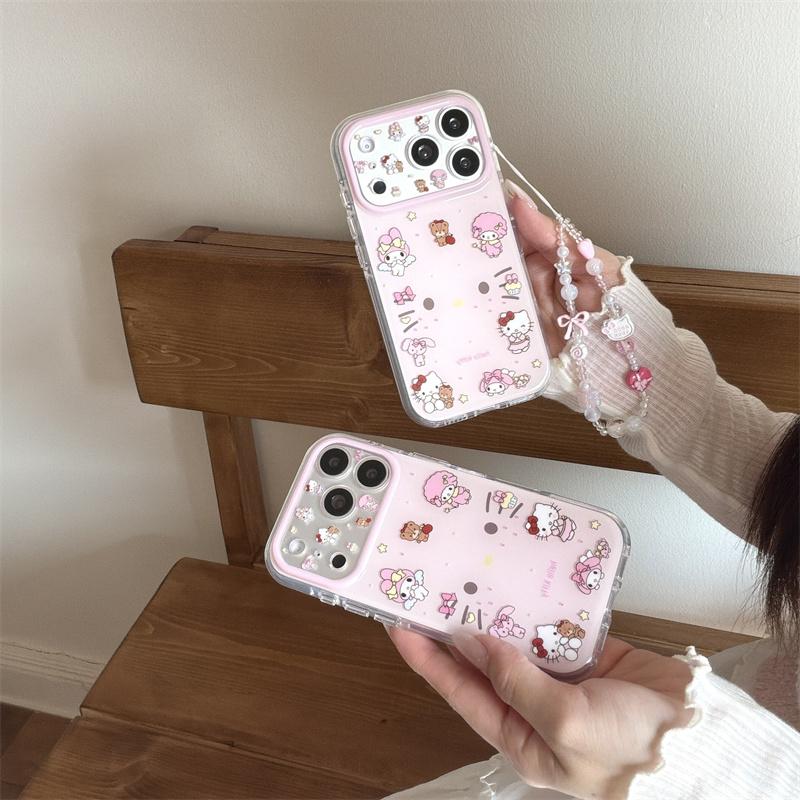 New Hello Kitty My Melody Pink Clear Phone Case With Beaded Chain For iPhone 14 15 16 17 Pro Max INS Cute Shockproof Cover Girls