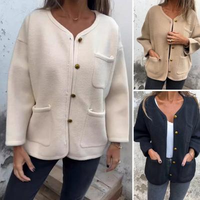 Winter Women Jacket Round Neck Single-breasted Cardigan Long Sleeves Outerwear with Pockets