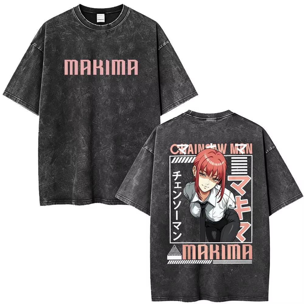 2026 Summer Hot Sale Anime Chainsaw Man MAKIMA Vintage Washed T Shirts Y2K Men Women Hip Hop Punk Streetwear Oversized T-shirt