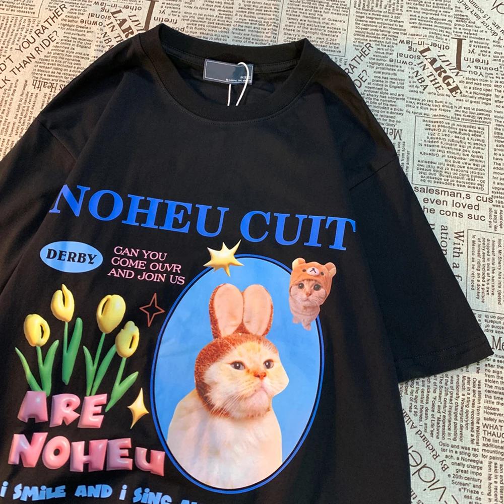 

Футболка из хлопка с короткими рукавами и принтом «Милый кот» в американском стиле, свободная, для мужчин и женщин, универсальная, для пар, с короткими рукавами XXXXXL чёрный