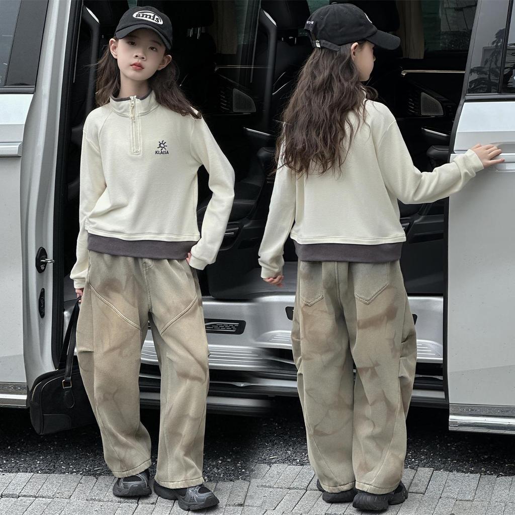 Retro Yellow Mud-Dye Fleece Lined Wide Leg Distressed Jeans for Girls