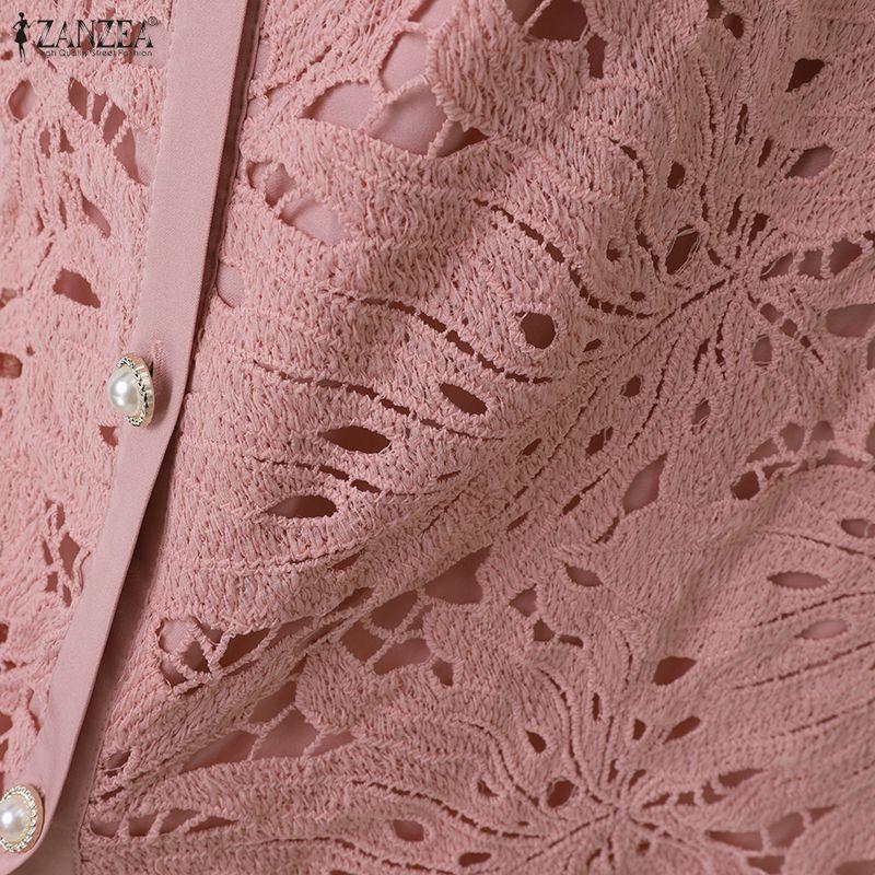 ZANZEA Women Casual Turn Down Collar Short Sleeve Lace Crochet Patchwork Elegant Dress