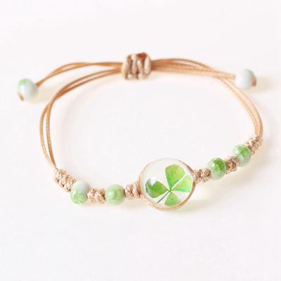 Pulsera Simple de Cerámica con Flores Secas para Mujer Realza el Encanto Pulsera Tejida de Trébol de Cuatro Hojas de la Suerte Joyería Regalos