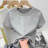 Women's Pearl Beaded Crew Neck Short Sleeve Casual T-Shirt