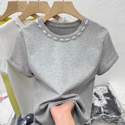 Damen lässiges T-Shirt mit Perlenbesatz, Rundhalsausschnitt, kurzen Ärmeln