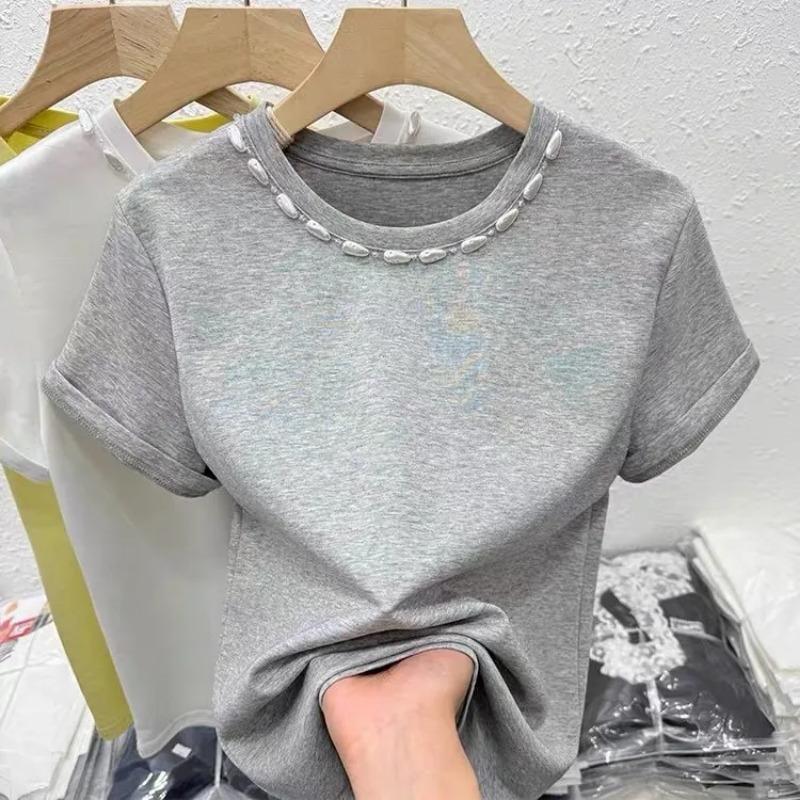 

Women s Pearl Beaded Crew Neck Short Sleeve Casual T-Shirt M серый