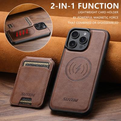 Magnetic Wireless Charging Detachable Leather Case for iPhone 16 Pro Max 15 Plus 13 12 Pro Card Holder Wallet 2-in-1 Phone Shell