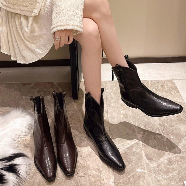 Schwarze Martin-Stiefel Damen neue spitze Innenhöhe Reißverschluss schlanke kurze Stiefel Damenstiefel V-Ausschnitt kurze Chelsea-Stiefel