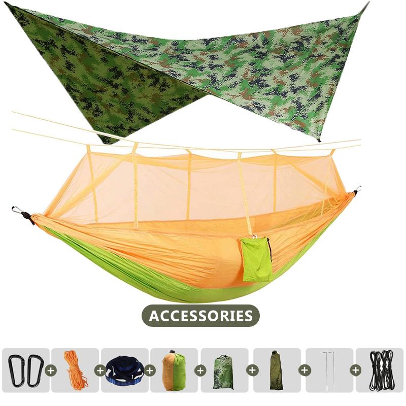260x140cm Outdoor Double Camping Hammock with Mosquito Net and Rain Fly Tarp Lightweight Parachute Hammocks for Travel Hiking