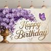 2D Purple Orchid Gold Vase Happy Birthday Backdrop for Women Girls Party