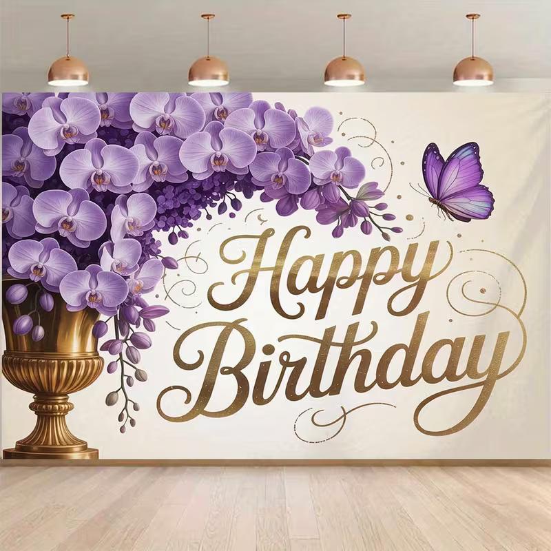 2D Purple Orchid Gold Vase Happy Birthday Backdrop for Women Girls Party