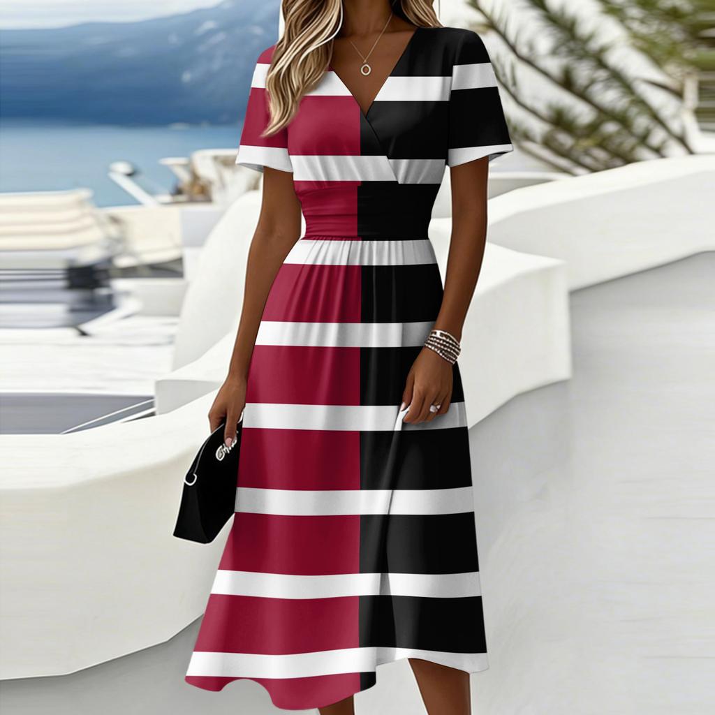 Ladies' Striped Casual Fashion Short Sleeved V-neck Dress