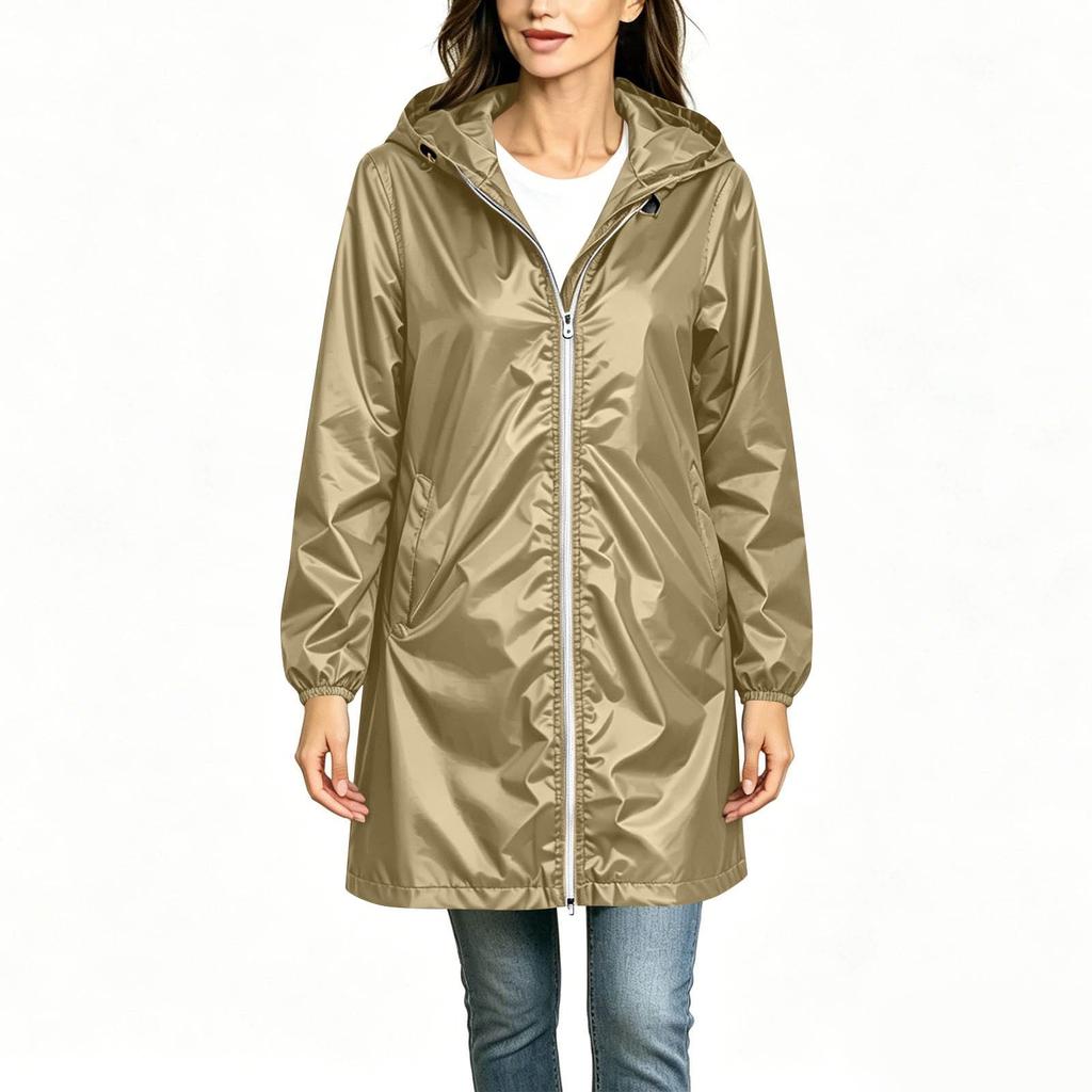Women's Lightweight Long Hooded Windbreaker Jacket Water Resistant Casual Outdoor Coat with Full Zip Closure and Elastic Cuffs