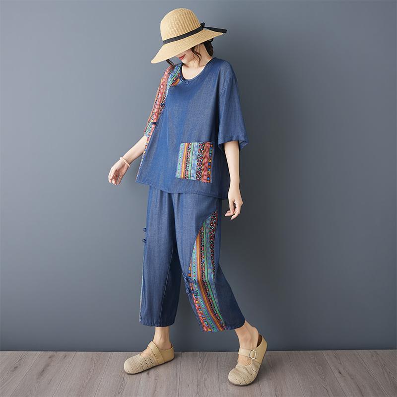DIMANAF Plus Size Pants Suits Women Sets Suits Loose Tops Shirts Long Pants Cotton Vintage Casual Clothing Summer